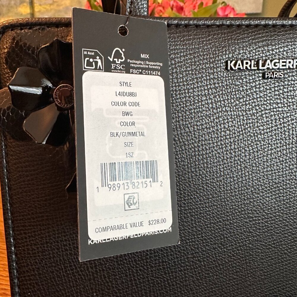 NWT!Karl Lagerfeld MAYBELLE Duo Top Handle Satchel with Pins Women -BLACK FLORAL - Picture 10 of 11